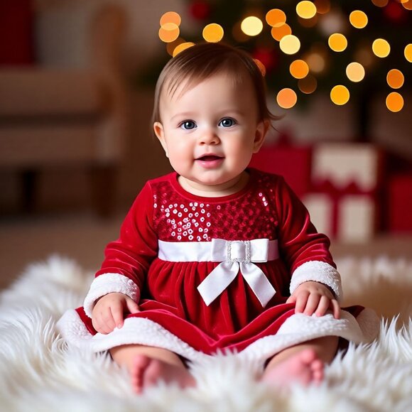 Baby Girls Red Christmas Dress W/ Bow & Sequins By Bonnie Baby Size 3-6M - Picture 3 of 7
